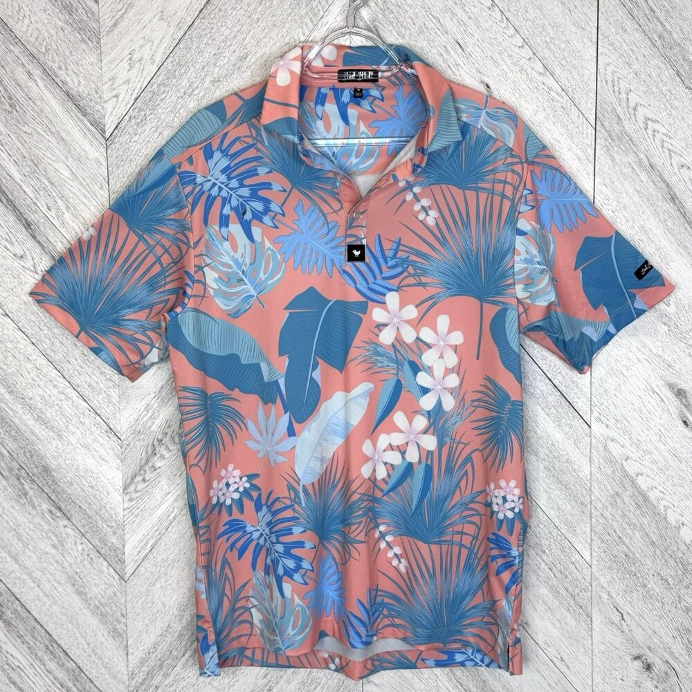 Bad Birdie Golf Polo Shirt Mens Size Medium Blue Peach Allover Floral Print